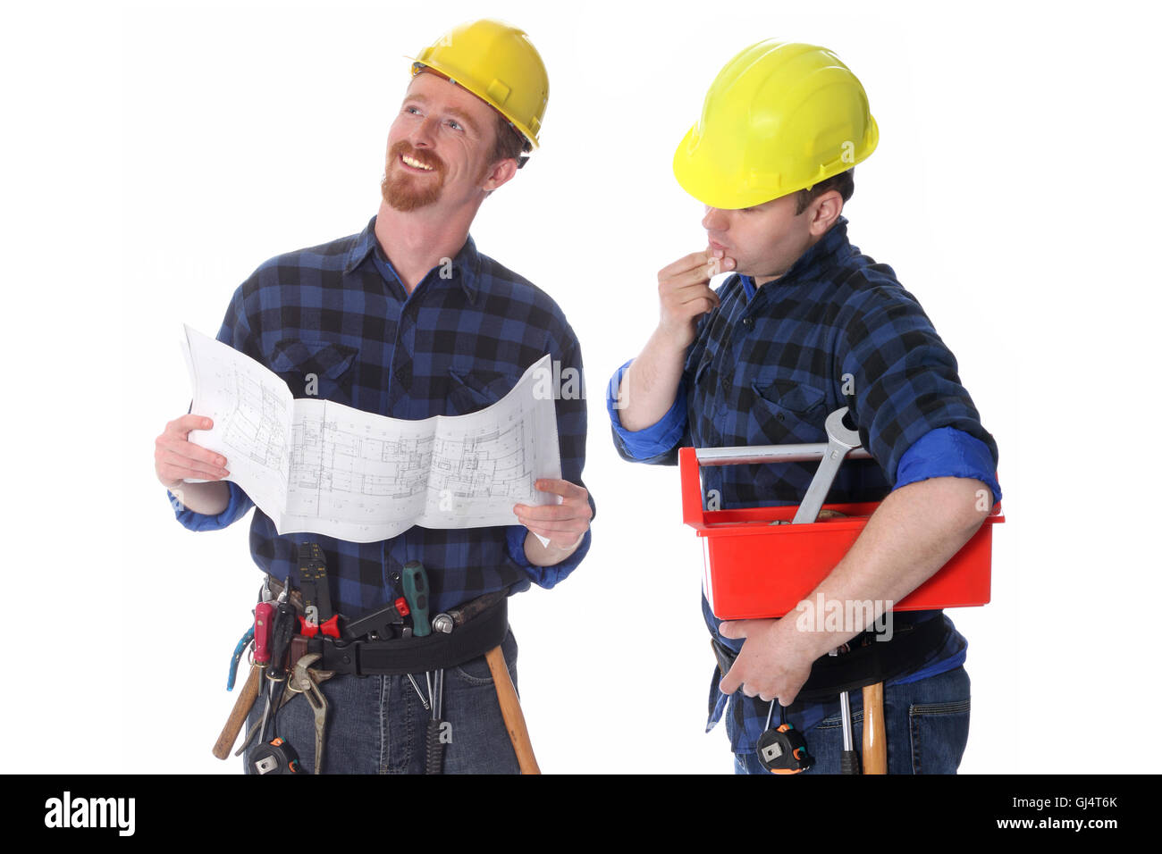 Zwei Bauarbeiter mit architektonischen Pläne Stockfoto