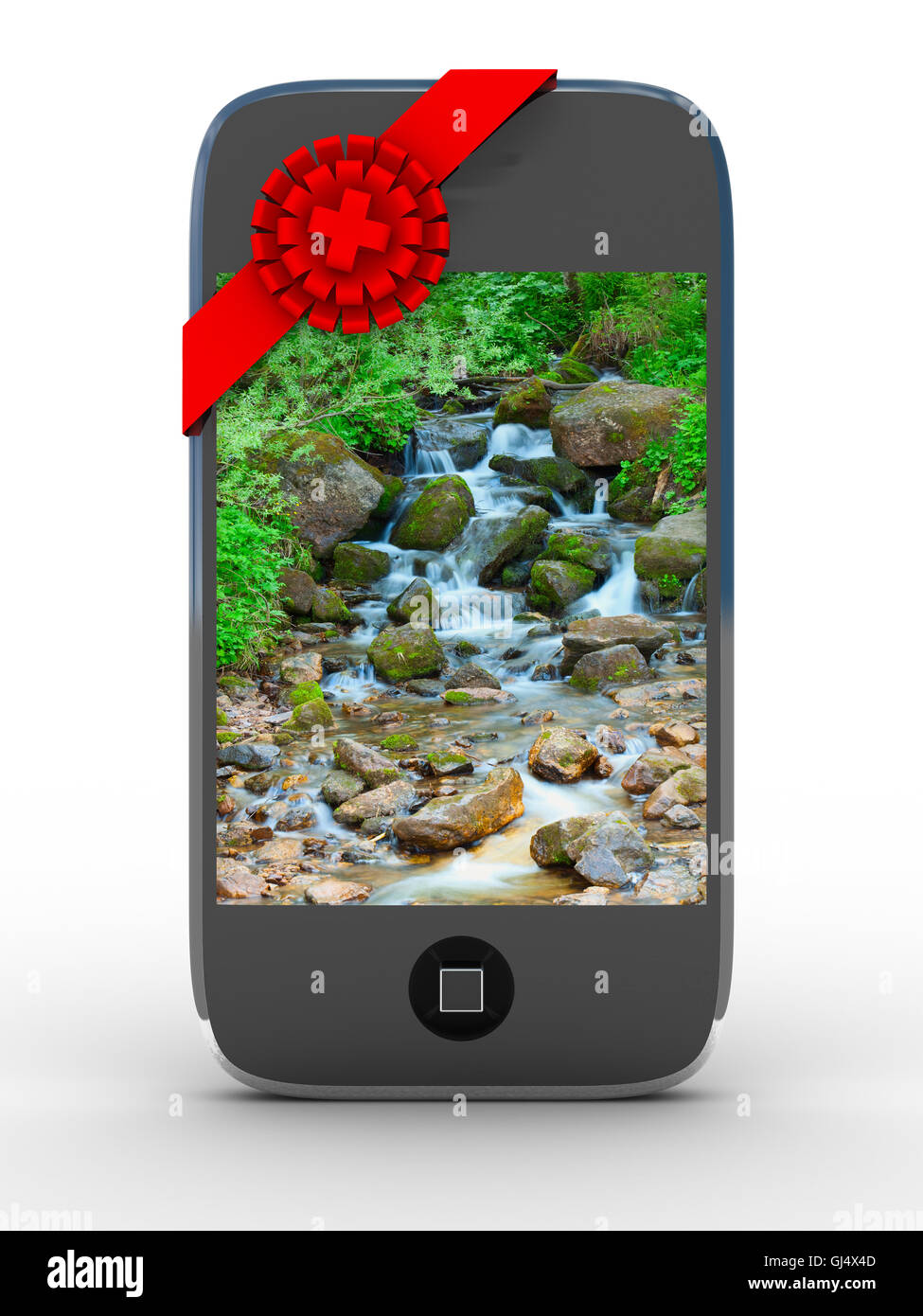 Telefon im Geschenk auf weißem Hintergrund. Isolierte 3D-Bild Stockfoto