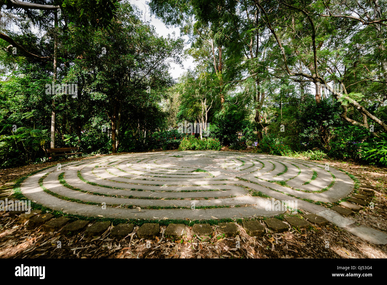 Das Labyrinth im Kristall und Shambhala Schlossgarten, in der Nähe von Byron Bay. Stockfoto