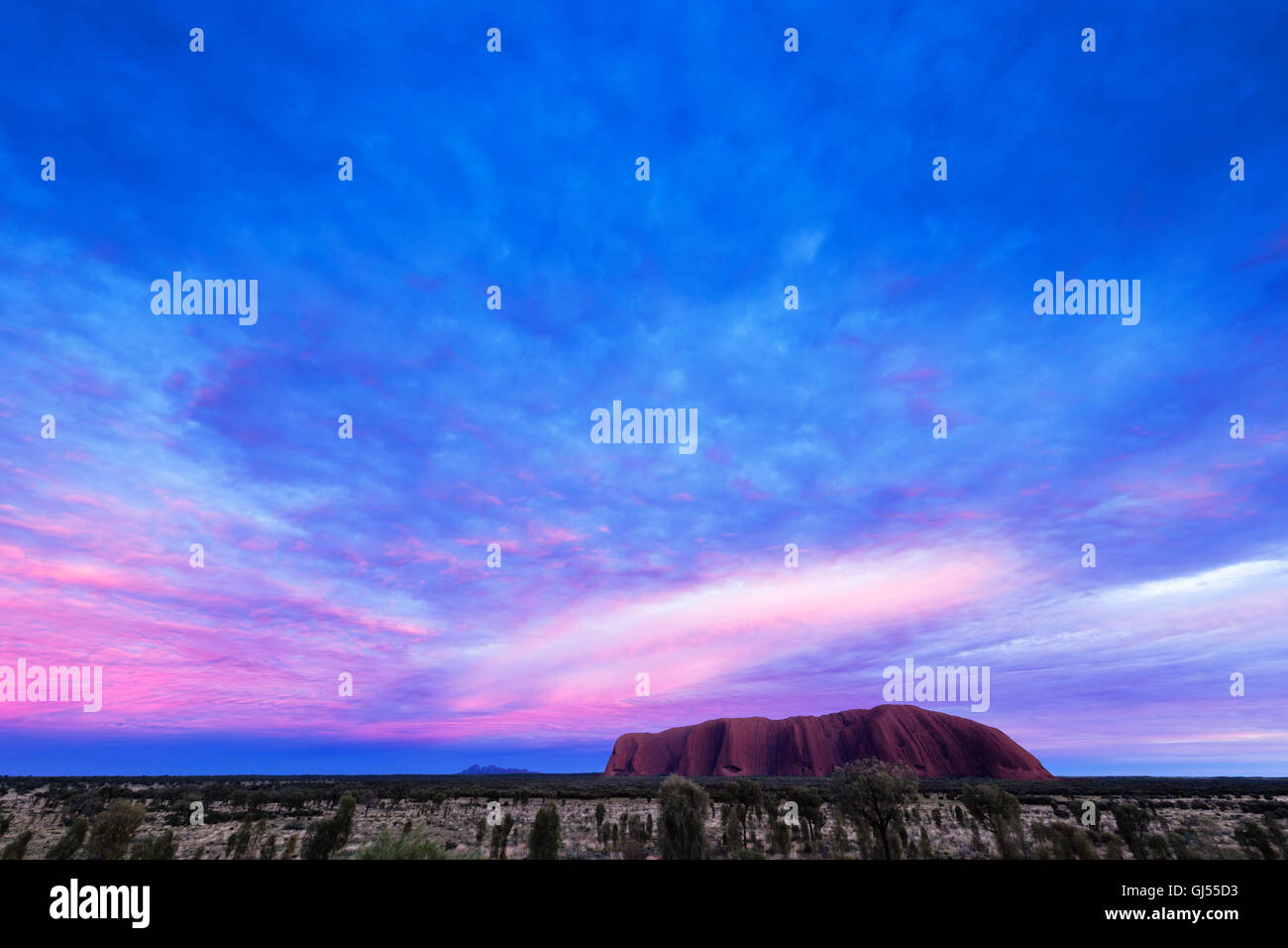 Ansicht des Uluru bei Sonnenaufgang im Uluru-Kata Tjuta National Park. Stockfoto
