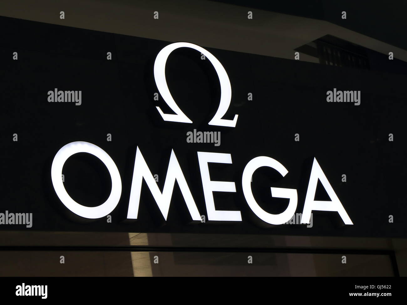 OMEGA-Uhr Logo, Schweizer Hersteller von Luxusuhren Sitz in Biel/Schweiz Stockfoto
