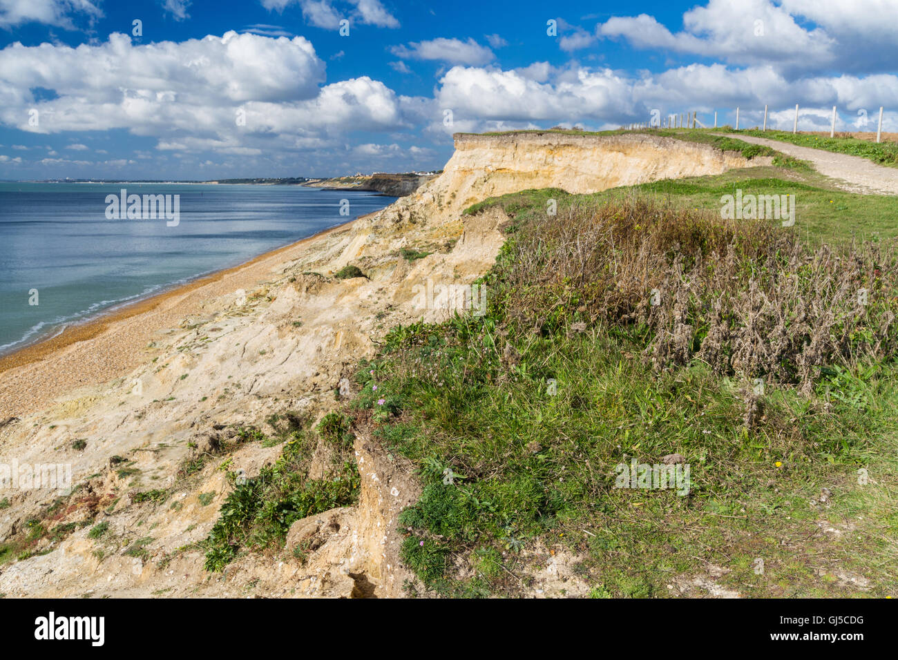 Niedrige Sandsteinfelsen, Taddiford Lücke, Milford am Meer, Hampshire, England, Vereinigtes Königreich, mit Blick auf Christchurch und Bournem Stockfoto