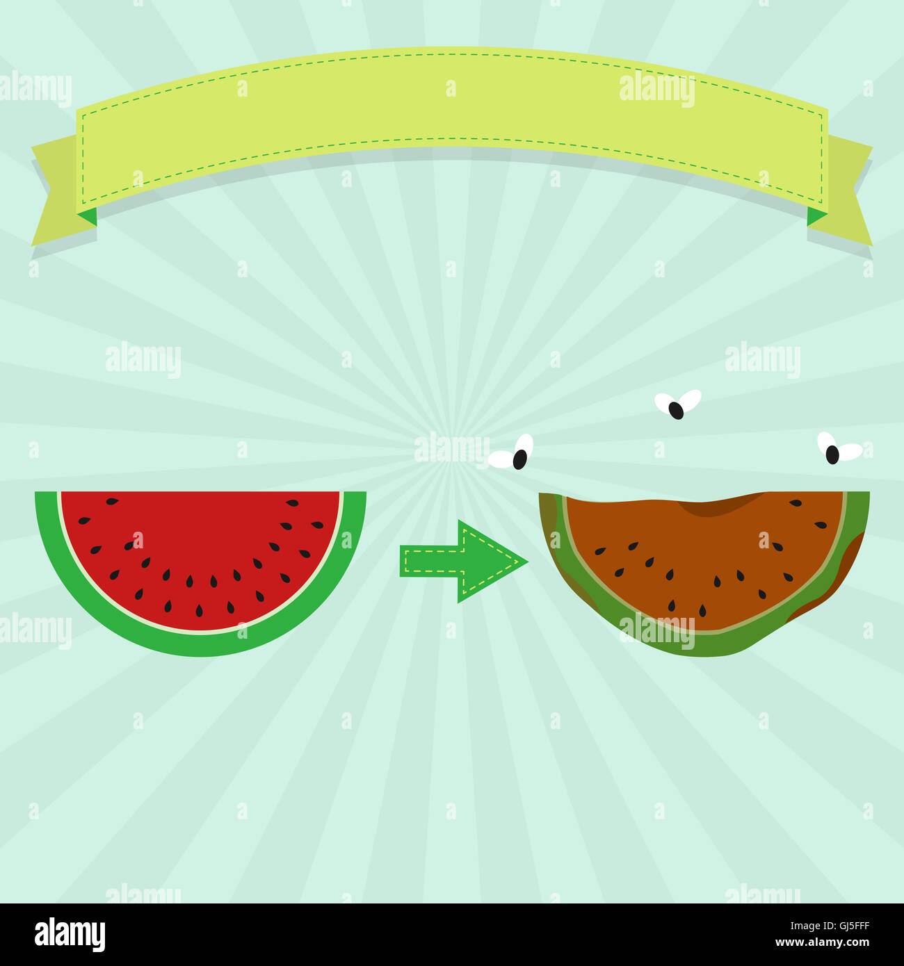 Faule Wassermelone mit fliegen und neue Wassermelone. Leeres Farbband für Text einfügen. Stock Vektor