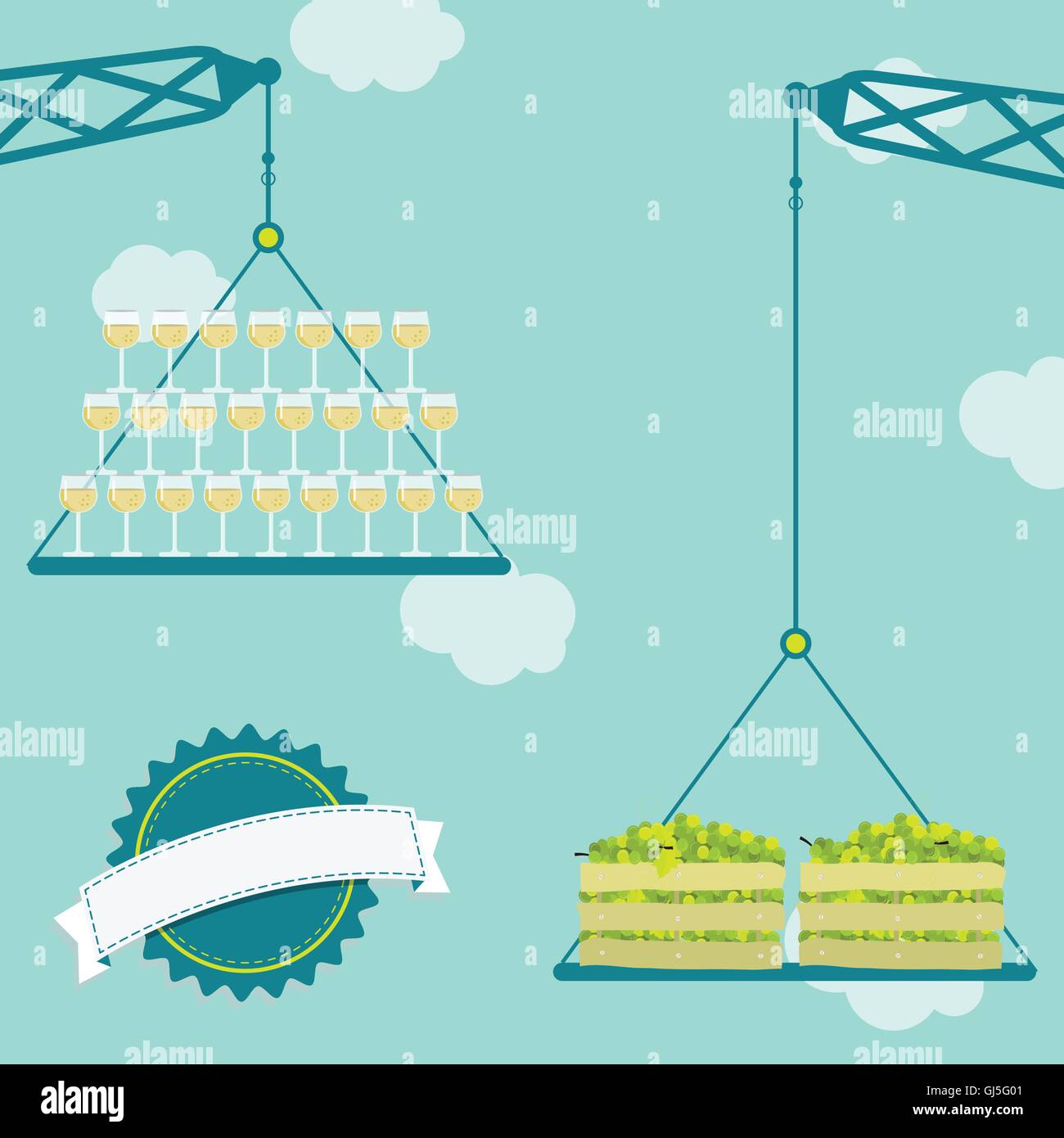 Krane mit Kiste mit frischen grünen Trauben und Weißweingläser. Blauen Himmel im Hintergrund. Leeres Farbband für Text einfügen. Stock Vektor