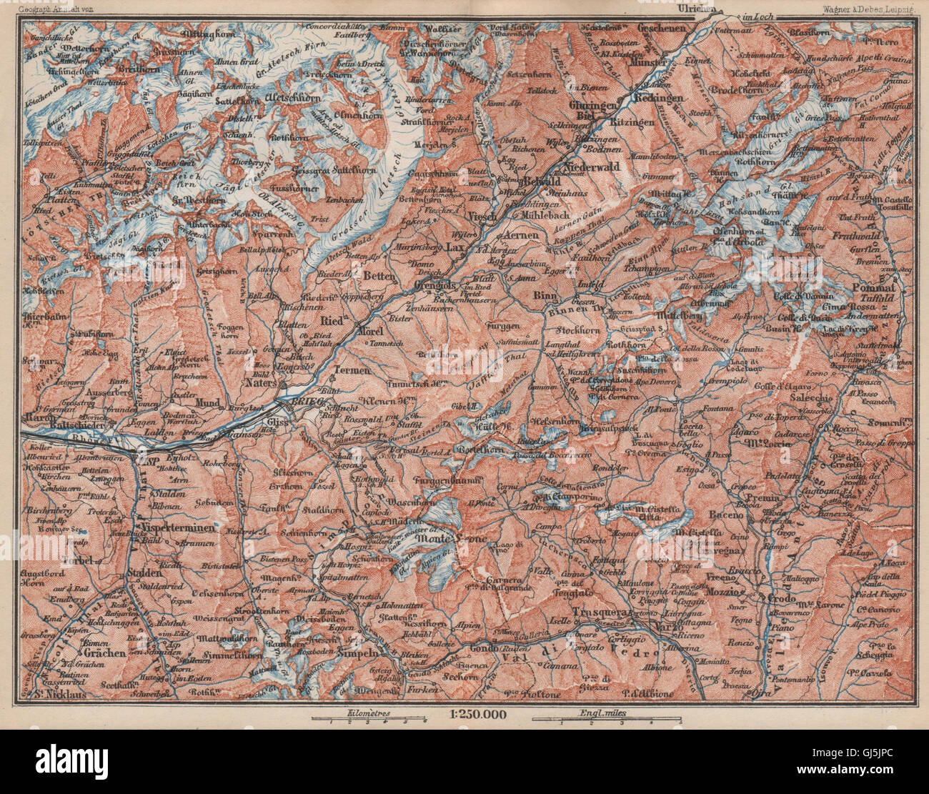 OBERWALLIS. Grächen Aletschhorn Ofenhorn Brieg Niederwald Ried Rhone, 1889-Karte Stockfoto