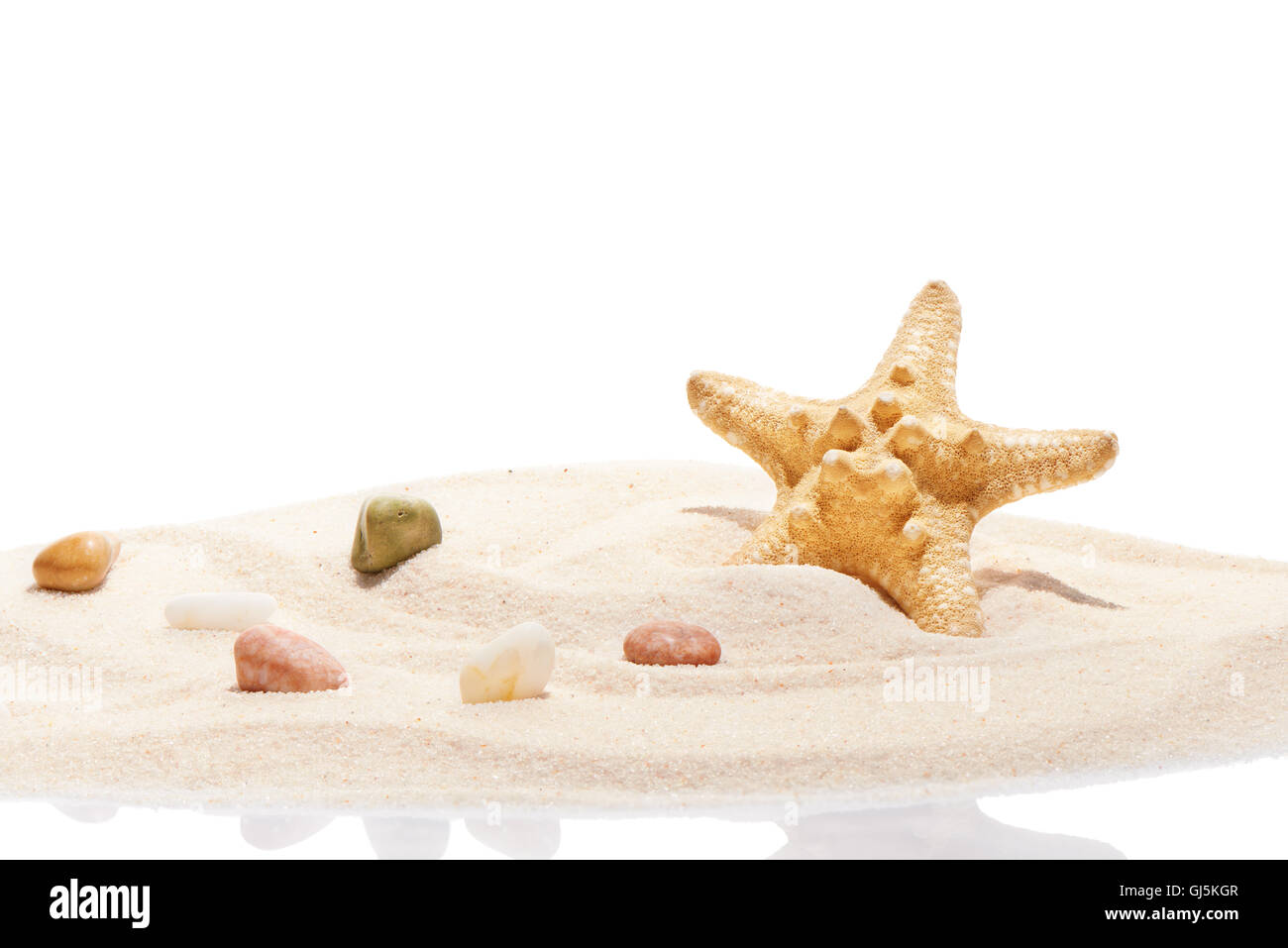 Seesterne und Meer Steinen auf Haufen von Strand sand isolierten auf weißen Hintergrund Stockfoto