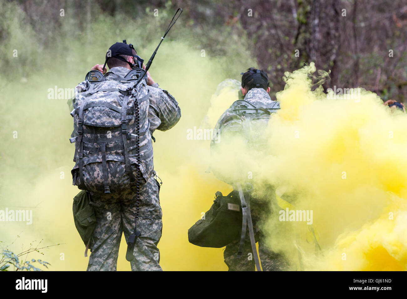 Zwei Soldaten in Uniform anziehen Gasmasken während einer Fortbildungsveranstaltung mit gelben farbigen Rauch in den Wäldern. Stockfoto