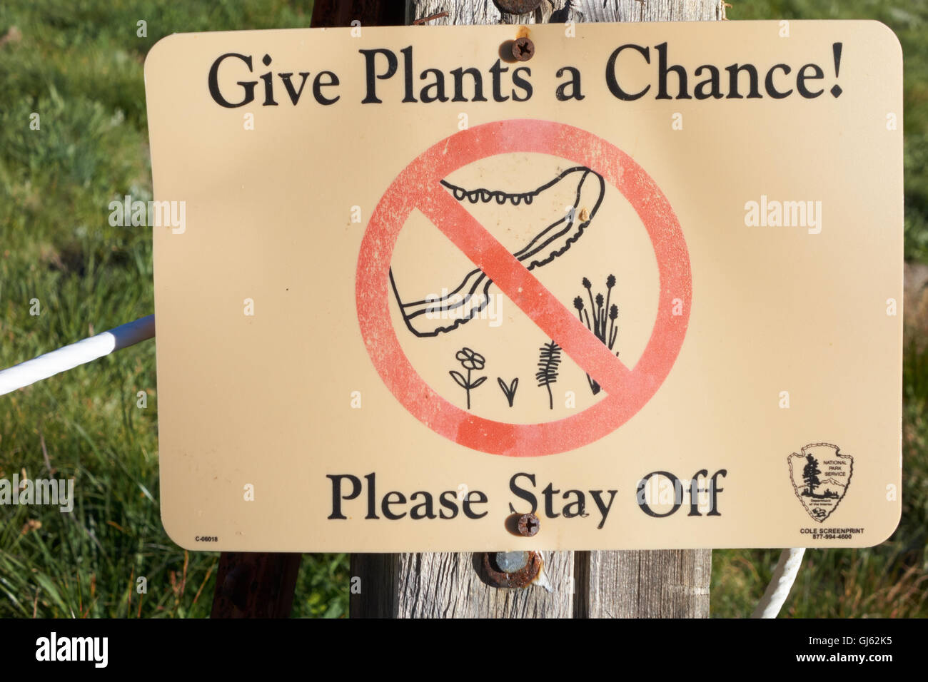 Geben Sie Pflanzen ein Chance Zeichen im Yosemite National Park. Kalifornien. USA Stockfoto