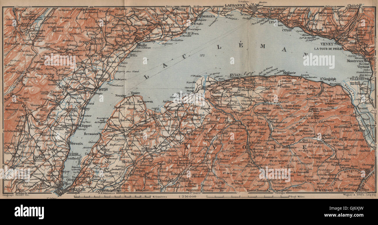 GENFER SEE/LAC LÉMAN. St-Cergue-Châtel-St-Jean d'Aulph Lausanne Evian, 1907 Karte Stockfoto