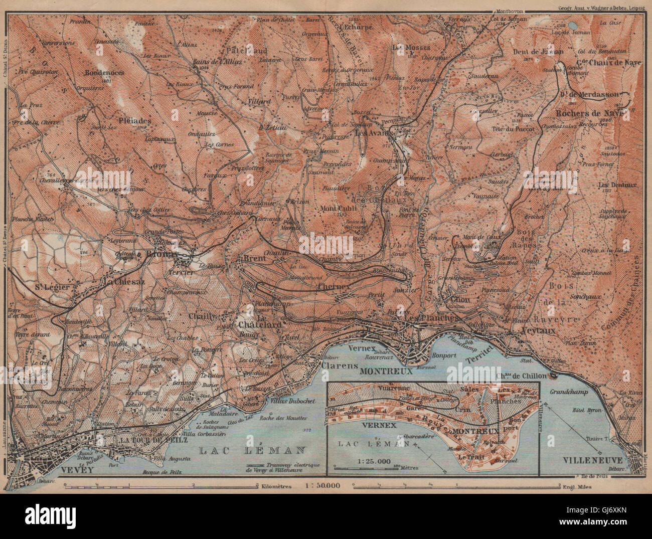 MONTREUX-BEREICH. Vevey Villneuve. Topo-Karte. Schweiz-Suisse-Schweiz, 1907 Stockfoto