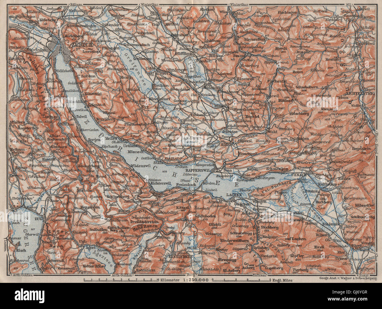 ZÜRICHSEE. Zürcher siehe Lachen Utznach.Topo-Karte. Schweiz Schweiz, 1909 Stockfoto