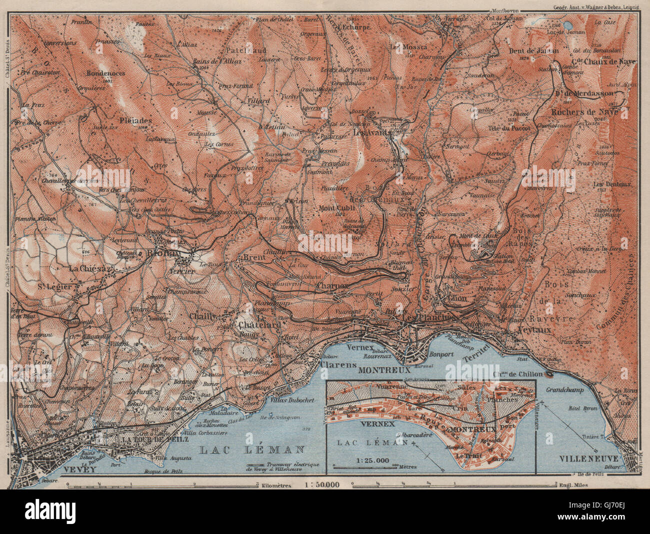 MONTREUX-BEREICH. Vevey Villneuve. Topo-Karte. Schweiz-Suisse-Schweiz, 1909 Stockfoto