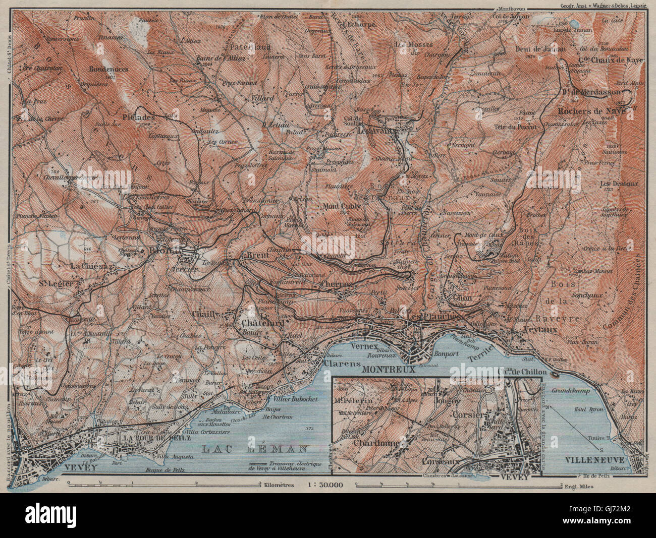MONTREUX-BEREICH. Vevey Villneuve. Topo-Karte. Schweiz-Suisse-Schweiz, 1911 Stockfoto