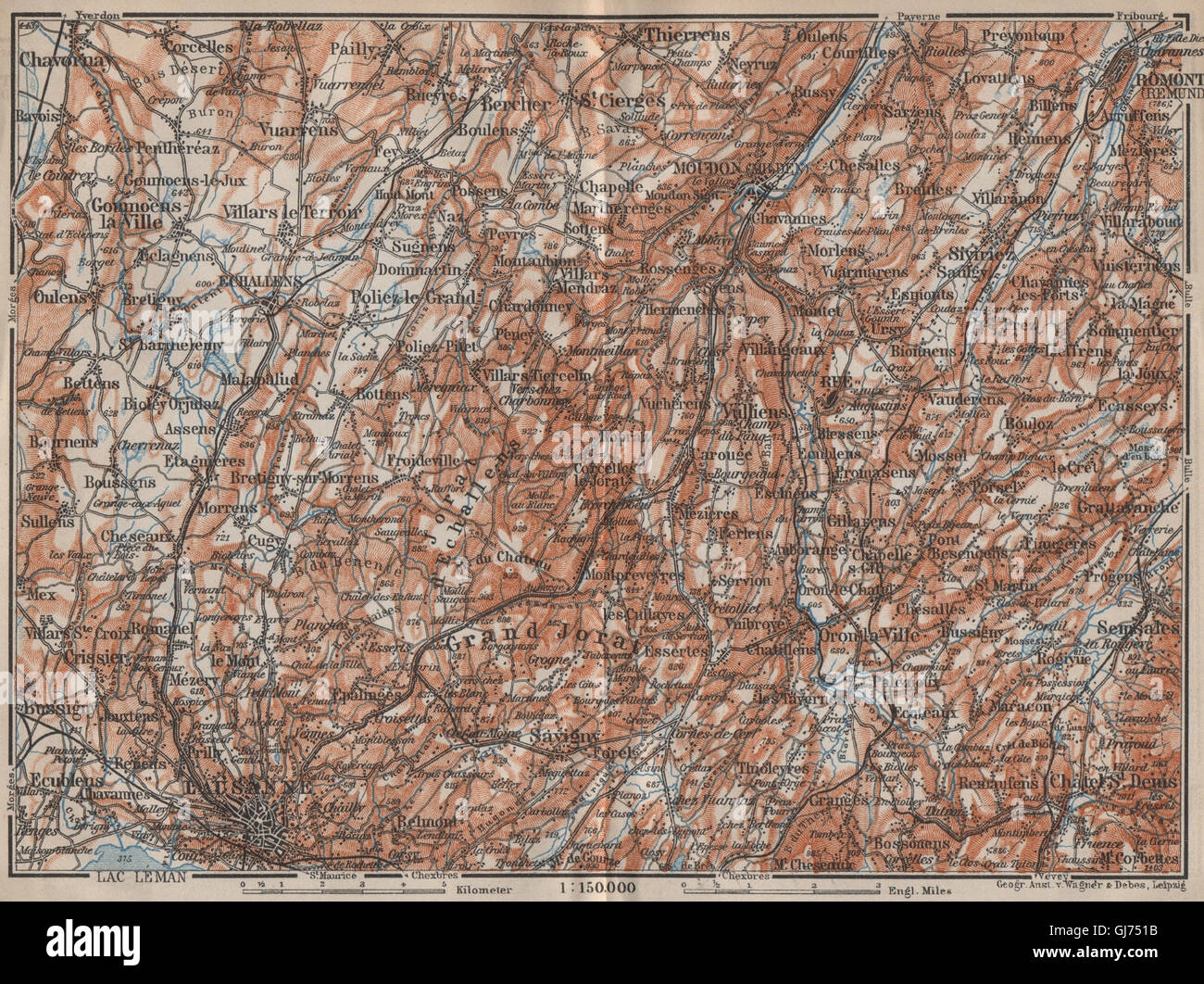 PAYS DE VAUD nördlich. Lausanne-Moudon-Romont Jorat Moudon Echallens, 1913-Karte Stockfoto