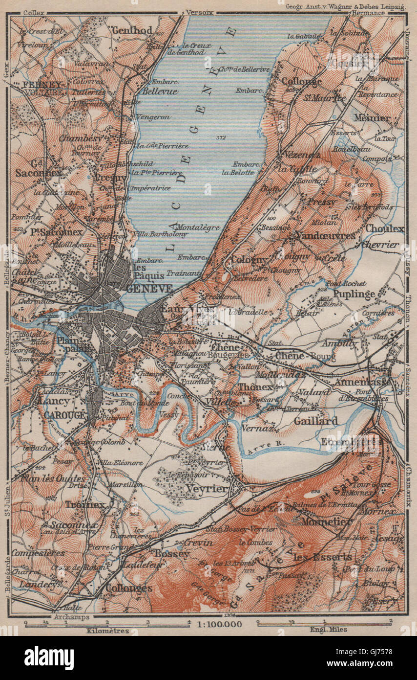 GENF-GENÈVE-GENF-UMGEBUNG. Schweiz-Suisse-Schweiz Carte Karte, Karte von 1913 Stockfoto