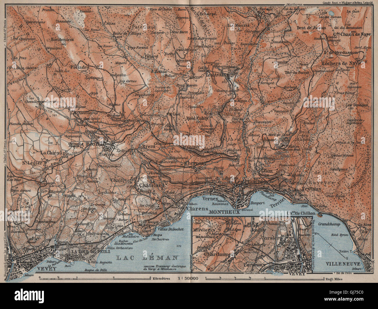 MONTREUX-BEREICH. Vevey Villneuve. Topo-Karte. Schweiz-Suisse-Schweiz, 1913 Stockfoto