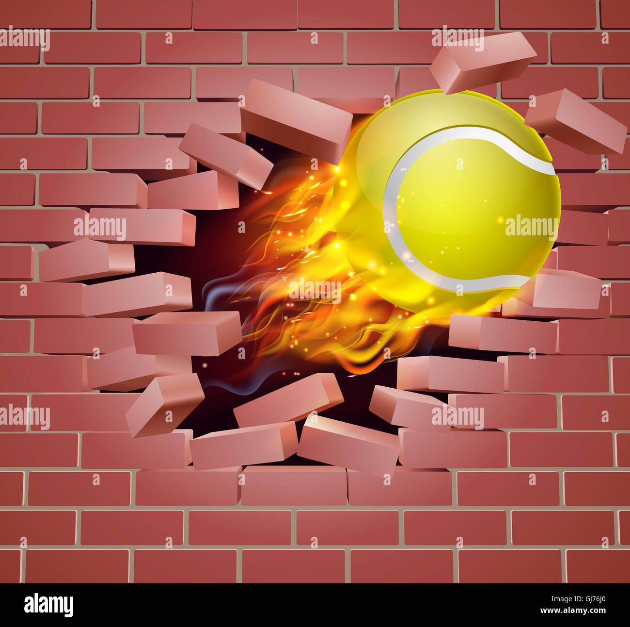 Ein Beispiel für eine brennende brennende Tennisball auf Feuer reißen ein Loch durch die Wand Stockfoto