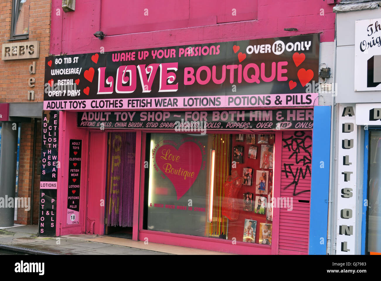 Rosa Tib St Liebe Boutique, nur Über 18, 78 Tib Street, Manchester, North West England, Großbritannien, M4 1LR Stockfoto