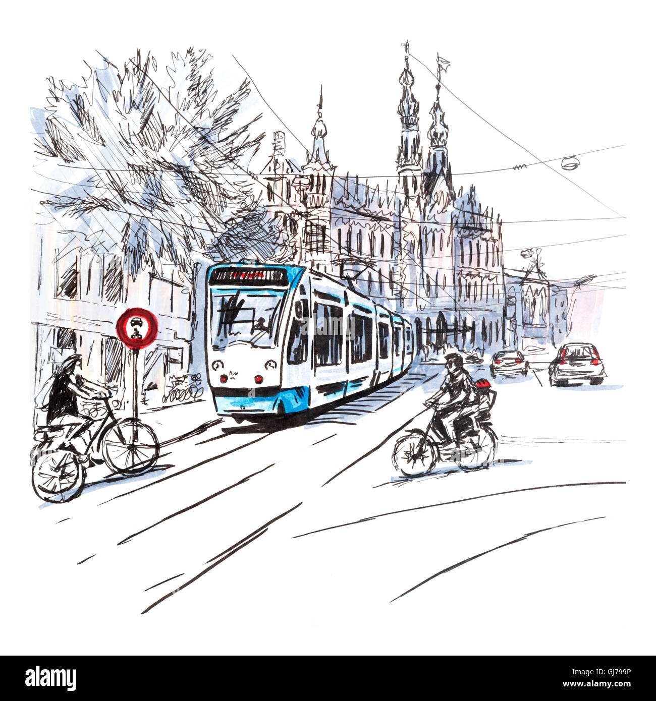 Typische Straße in Amsterdam, Holland, Niederlande. Stockfoto