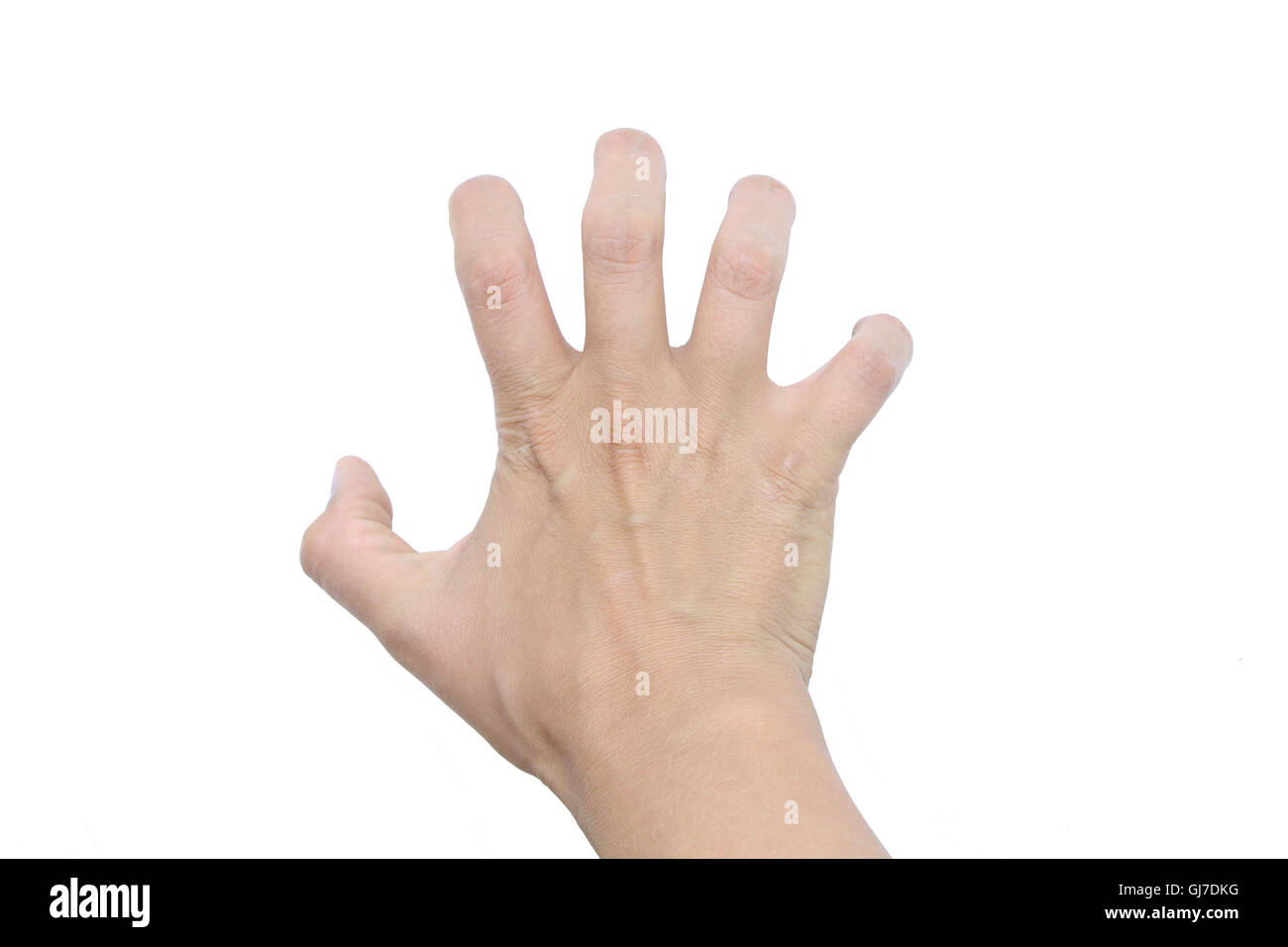 Handbewegung. Punkt fünf, geben fünf, weißer Hintergrund, isoliertes Objekt, krumme Finger, Maniküre fehlen, weiße hand Stockfoto