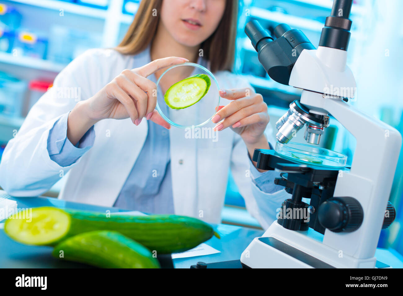 Qualitätskontrolle von Lebensmitteln. Junge Frau im chemischen Labor. Test der Gurke Stockfoto