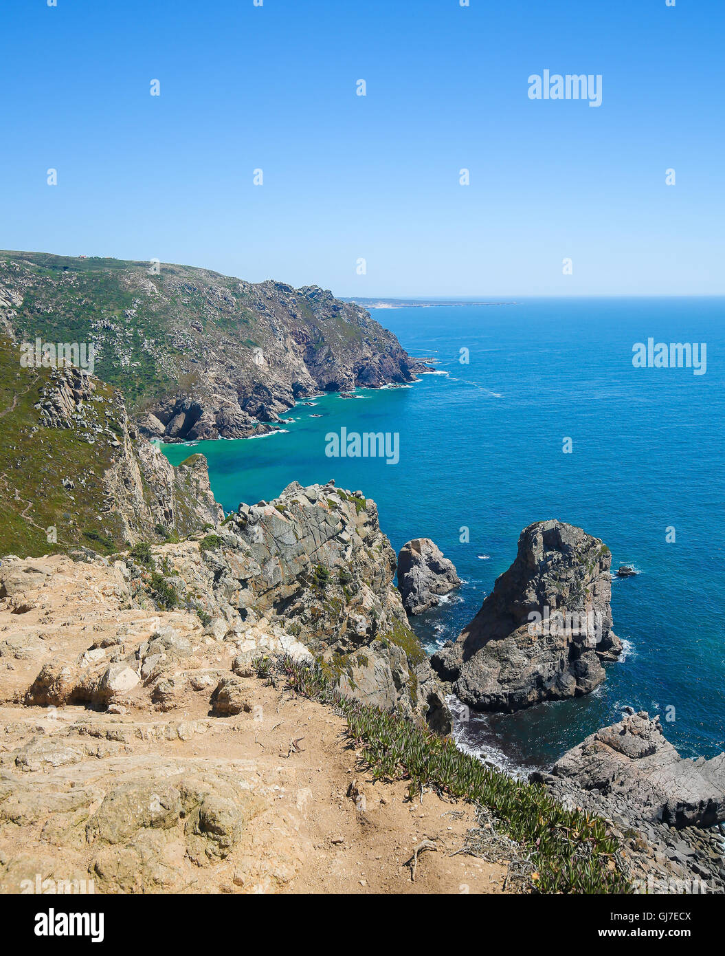 Cabo da Roca ist ein Kap befindet sich in der Nähe von Lissabon bildet den westlichsten Umfang der portugiesischen Festland und Kontinentaleuropa. Stockfoto