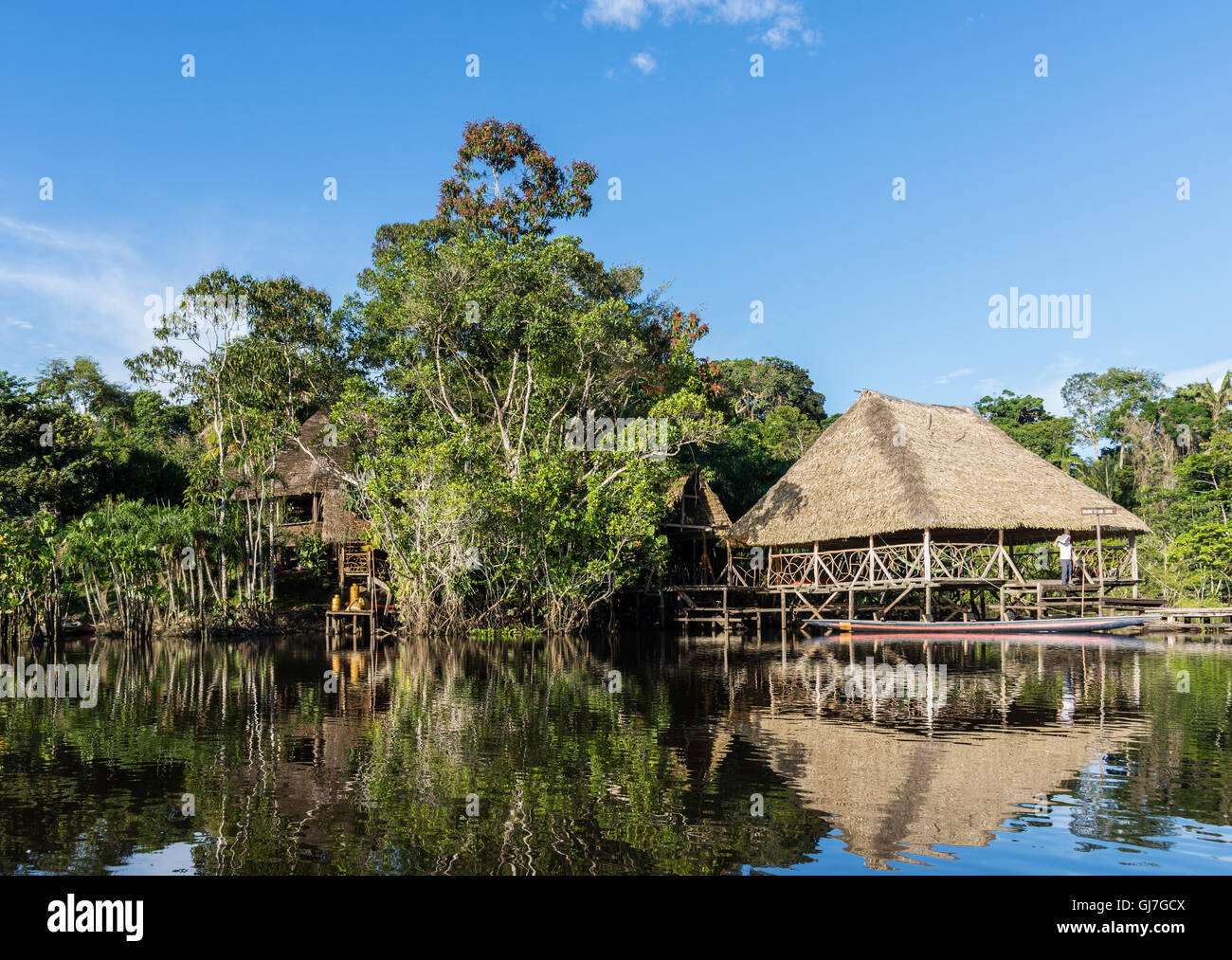 Sani Lodge im Amazonas, der Haupt-Lodge und Kanu landen. Yasuni-Nationalpark in Ecuador, Südamerika. Stockfoto