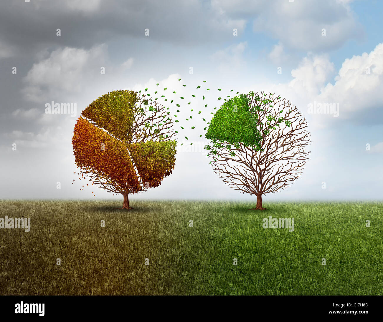 Investitionen in neue Unternehmen und investieren in eine wirtschaftliche Zukunft und Veräußerung in alten Industrie als finanzielle Metapher mit einem alten Baum Finanzen Kreisdiagramm grafisch Finanzierung eine andere lebendige grünen Baum mit 3D Abbildung Elementen geprägt. Stockfoto