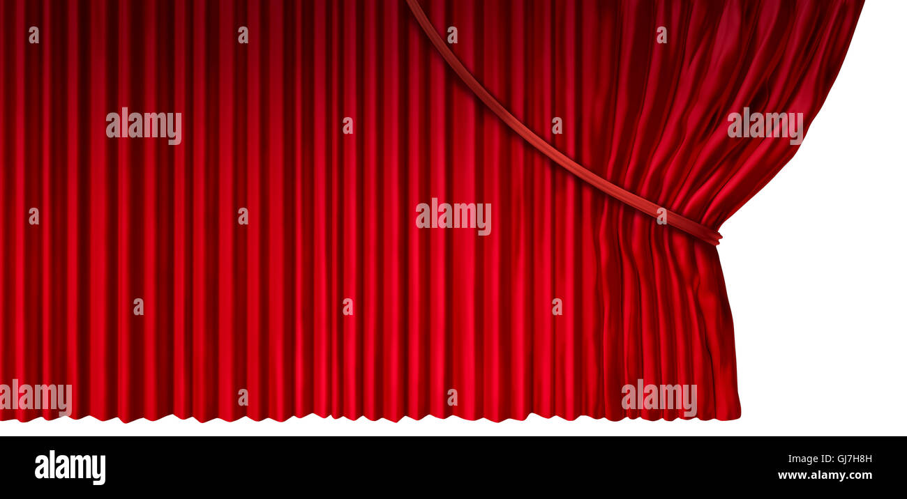 Vorhang zu offenbaren, wie Kino oder Theater drapiert mit rotem Samt Material auf der Seite als gestalterisches Element für eine Präsentation oder Ankündigung isoliert auf einem weißen Hintergrund als ein 3D Illustration eröffnet. Stockfoto