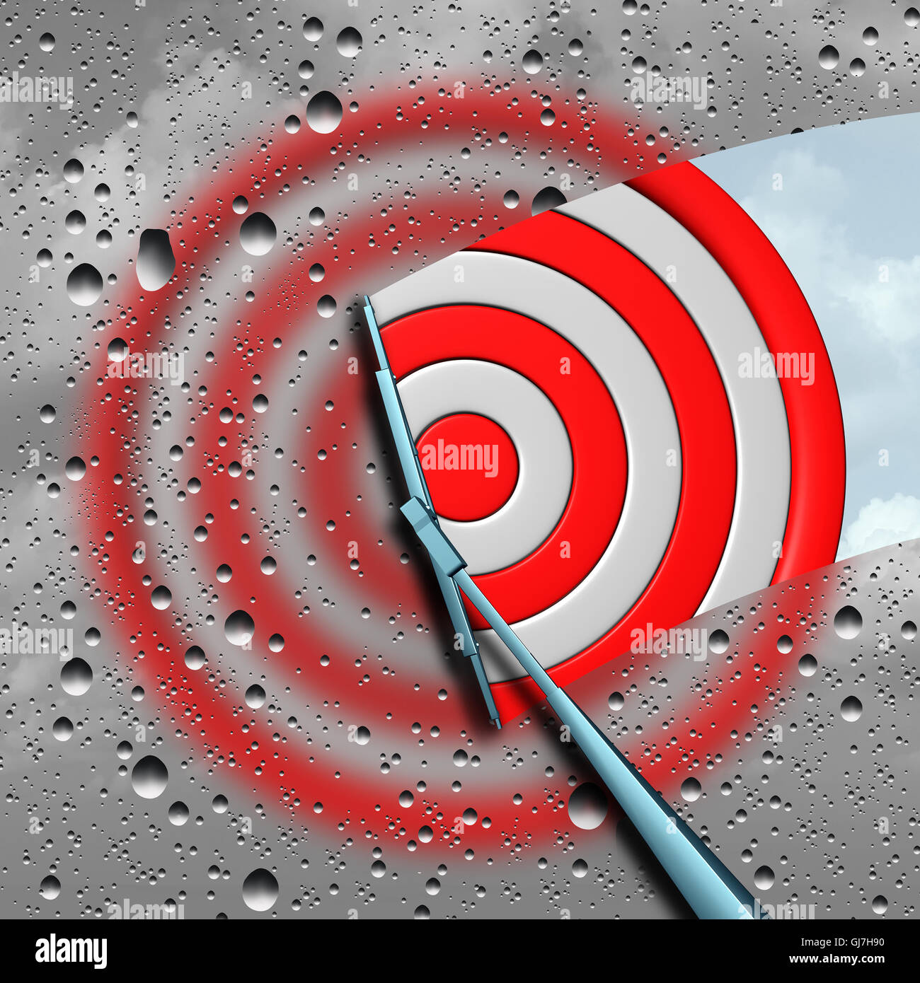 Konzept des Ziels als eine verschwommene nass Stiere Auge Ziel Dartscheibe als Geschäft Metapher für klare Fokussierung durch einen Scheibenwischer gereinigt oder Ziel-Symbol als eine 3D Darstellung fokussiert. Stockfoto