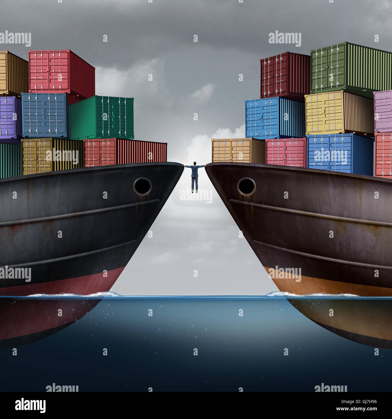 Balance-Business-Konzept als Geschäftsmann balancieren zwischen zwei Schiffe mit Container Fracht Cargo als Export Handel und Logistikmanagement Symbol oder Handel Streit mit 3D Abbildung Elemente zu importieren. Stockfoto