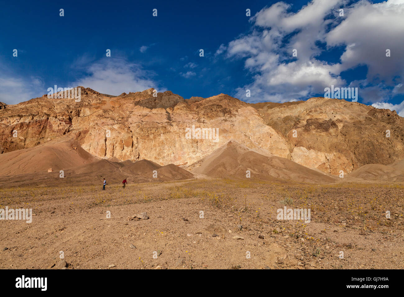 Touristen, die die vulkanischen und sedimentären Hügel in der Nähe von Palette des Künstlers in Death Valley Nationalpark, Kalifornien, USA Stockfoto