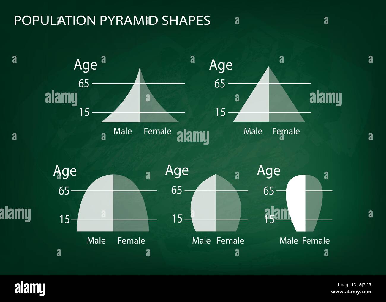 Bevölkerung und Demografie, Illustration-Set von 5 Arten der Bevölkerung Pyramiden Diagramm oder Altersstruktur Graph auf Tafel Hinterg Stock Vektor