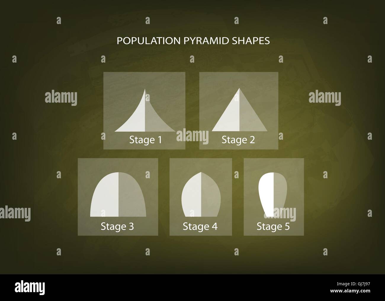 Bevölkerung und Demografie, Illustration-Set von 5 Arten der Bevölkerung Pyramiden Diagramm oder Altersstruktur Graph auf Tafel Hinterg Stock Vektor