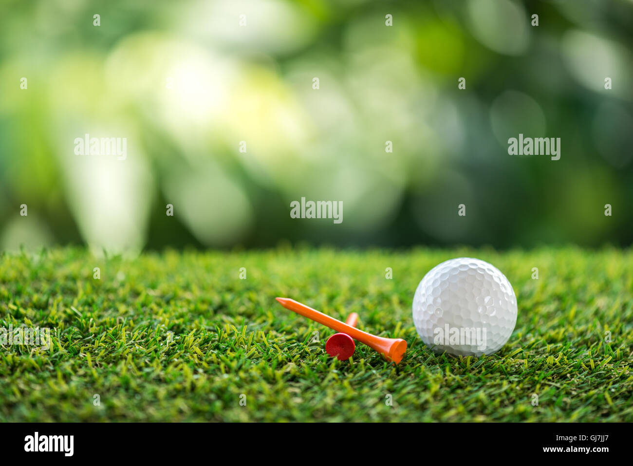 Golfball und hölzernen Abschlag auf dem Rasen Stockfoto