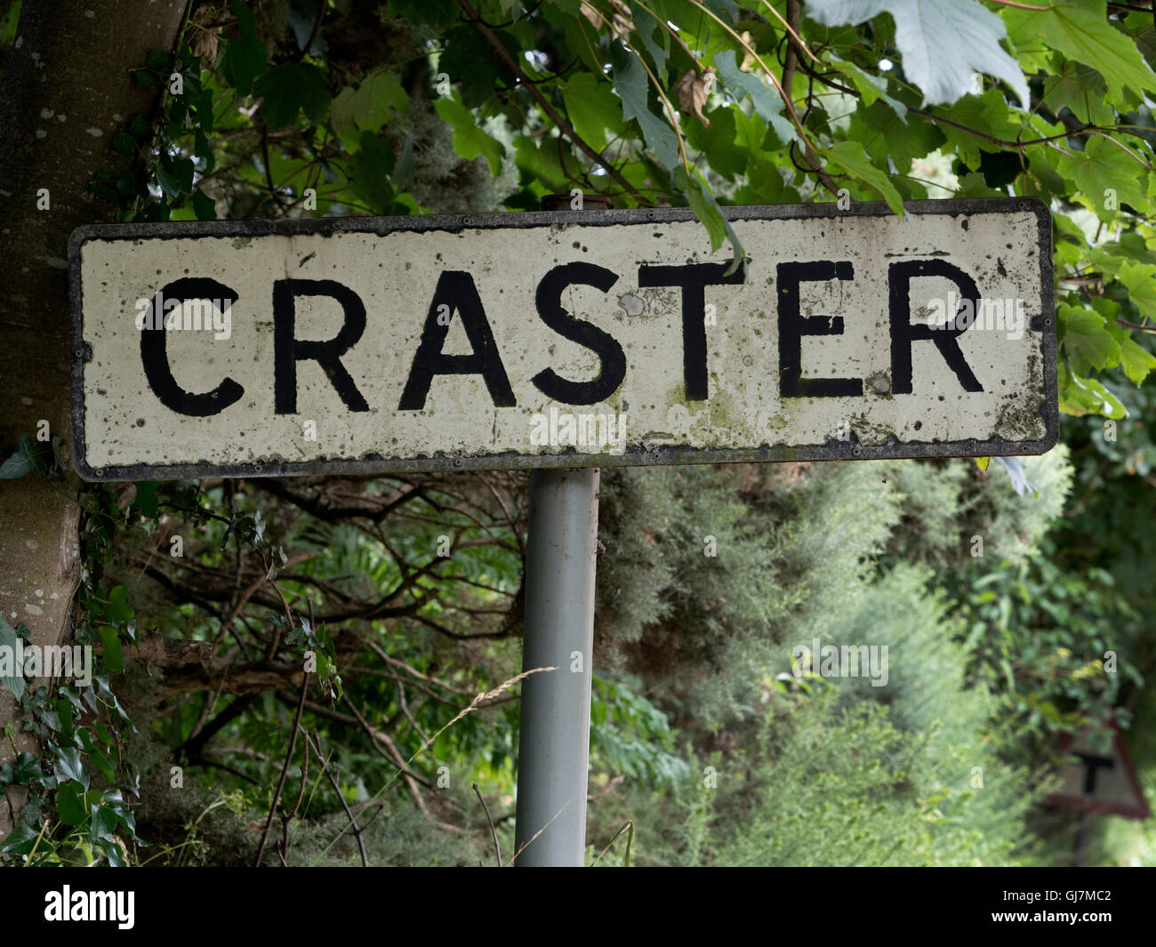 Ortsschild für Craster, Northumberland, England, UK. Stockfoto