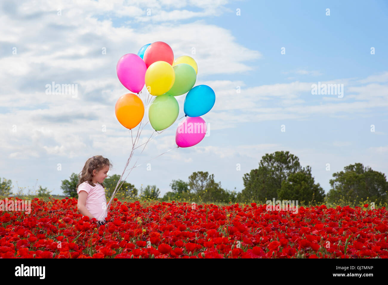 Seitenansicht des schönen Mädchen pulsierenden roten Mohnfeld helle Luftballons festhalten Stockfoto