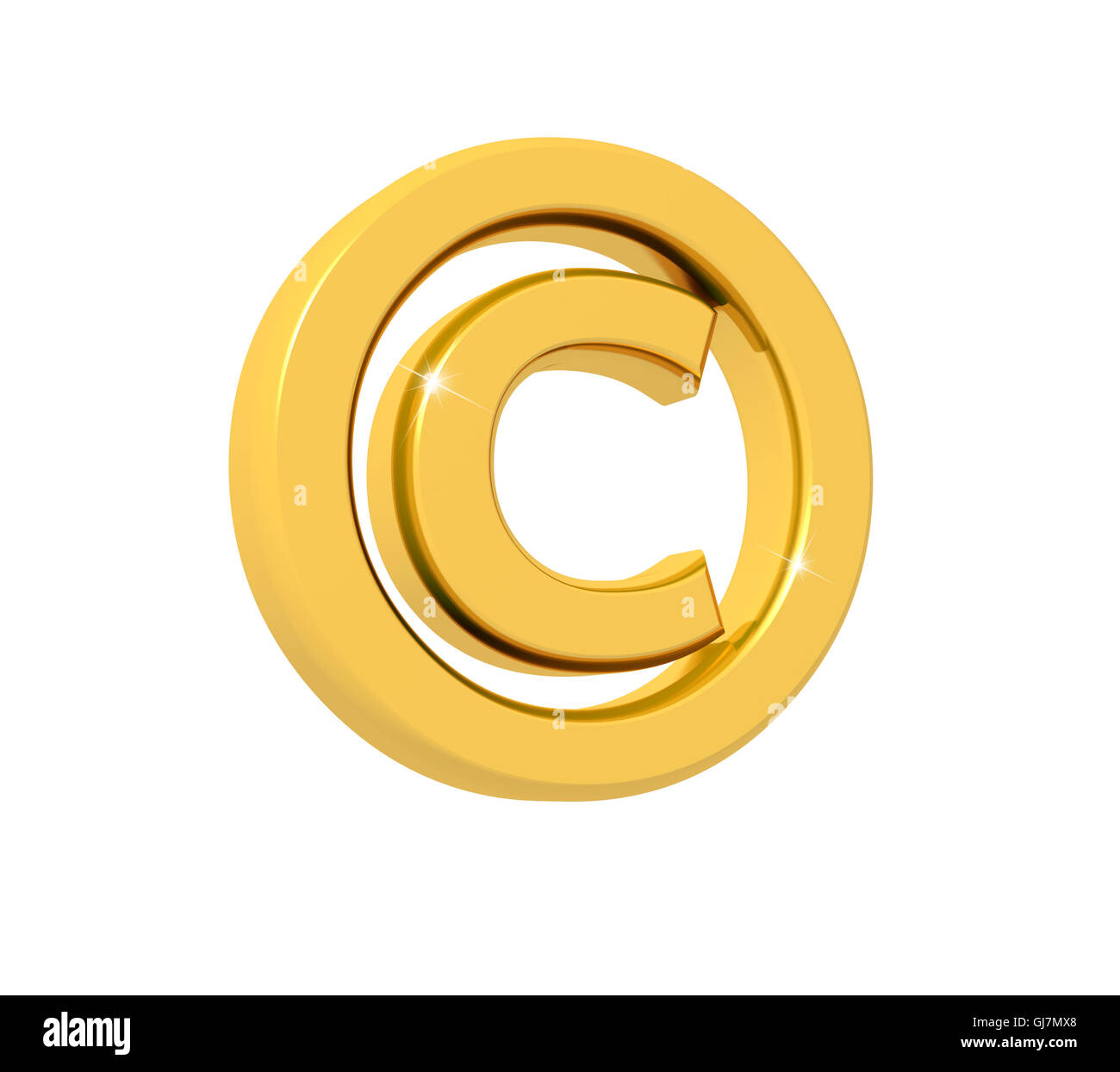 3D-Rendering des Copyright-Symbols hergestellt aus glitzernden Gold mit Reflexion isoliert auf weißem Hintergrund. Stockfoto