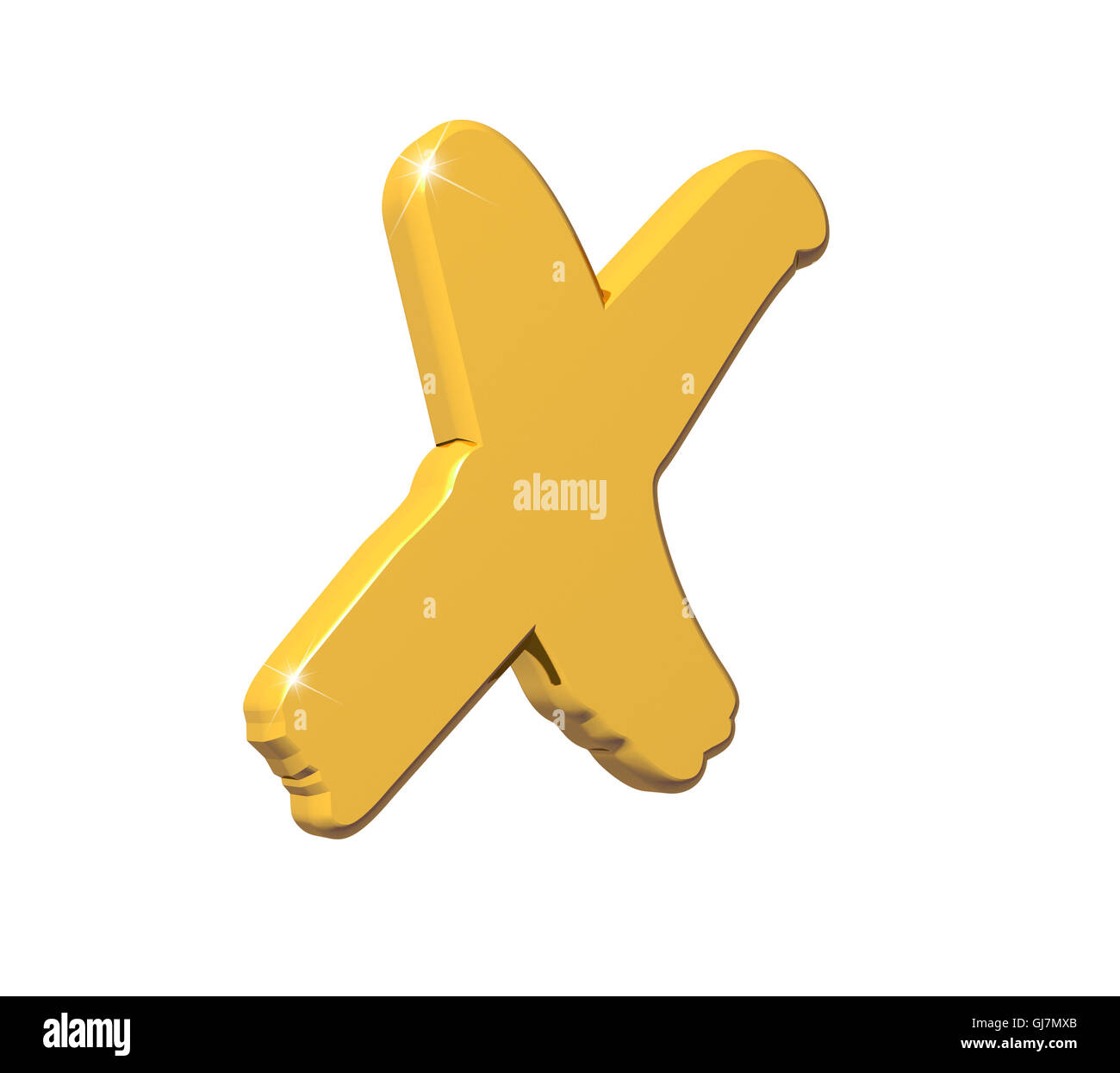 3D-Rendering Kreuz Zeichen des glitzernden Gold mit Reflexion isoliert auf weißem Hintergrund. Stockfoto