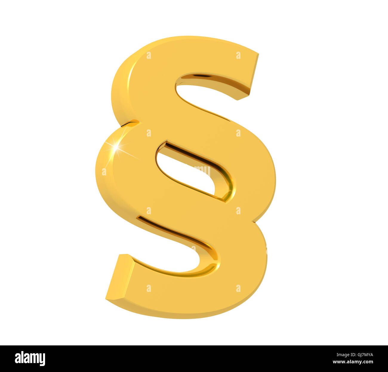 3D-Rendering Schnittsymbol / deutschen Absatz Zeichen aus glitzernden Gold mit Reflexion isoliert auf weißem Hintergrund. Stockfoto