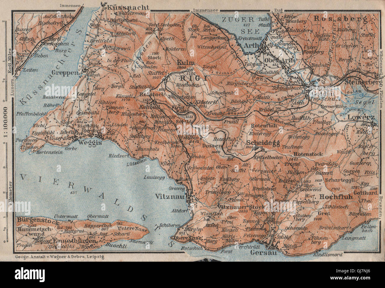 DIE RIGI. Lowerz Arth Gersau Küssnacht. Topo-Karte. Schweiz Schweiz, 1922 Stockfoto
