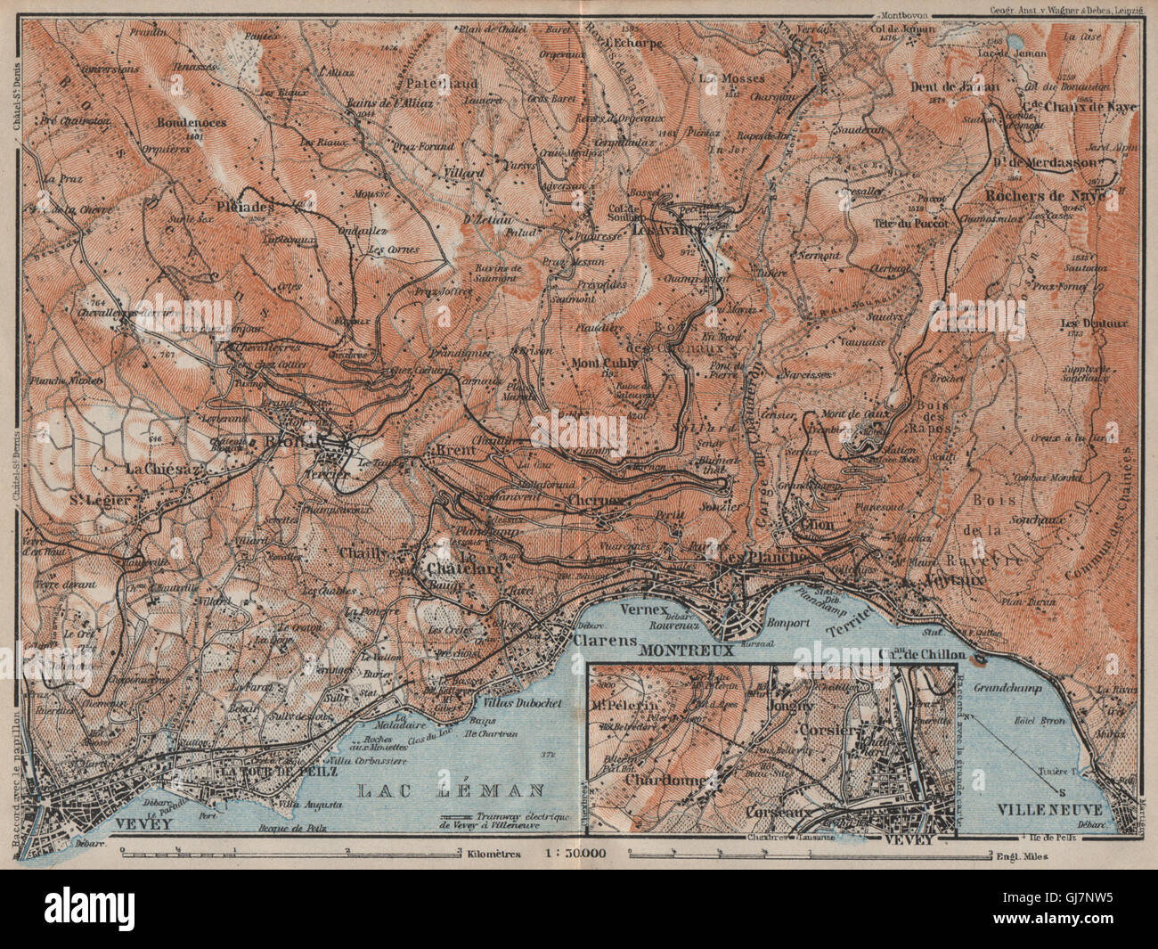 MONTREUX-BEREICH. Vevey Villneuve. Topo-Karte. Schweiz-Suisse-Schweiz, 1922 Stockfoto