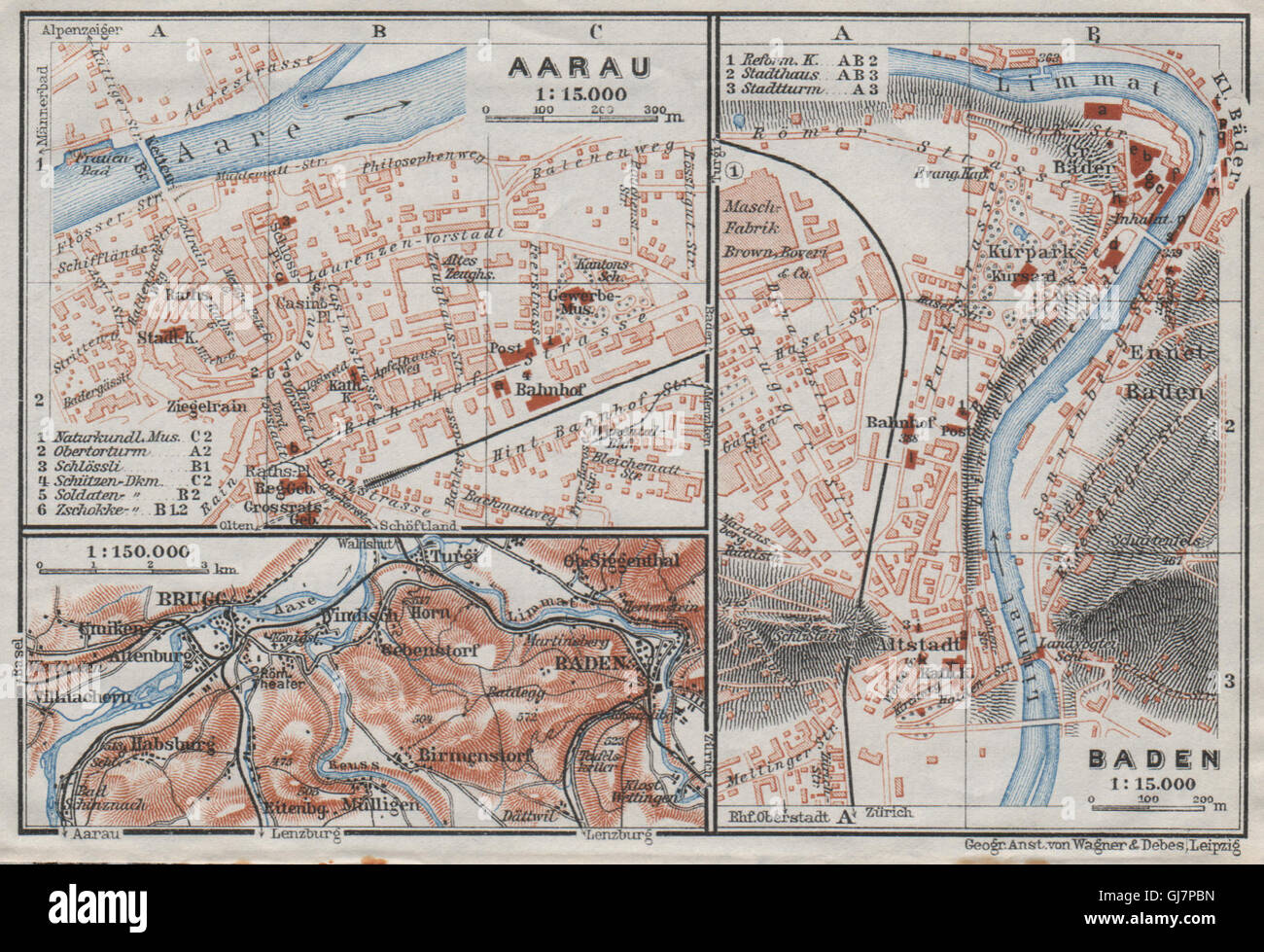 BADEN. AARAU. Brugg. Stadt Stadt attraktivem. Schweiz-Suisse-Schweiz, 1928 Karte Stockfoto