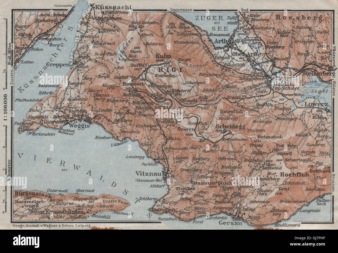 DIE RIGI. Lowerz Arth Gersau Küssnacht. Topo-Karte. Schweiz Schweiz, 1928 Stockfoto