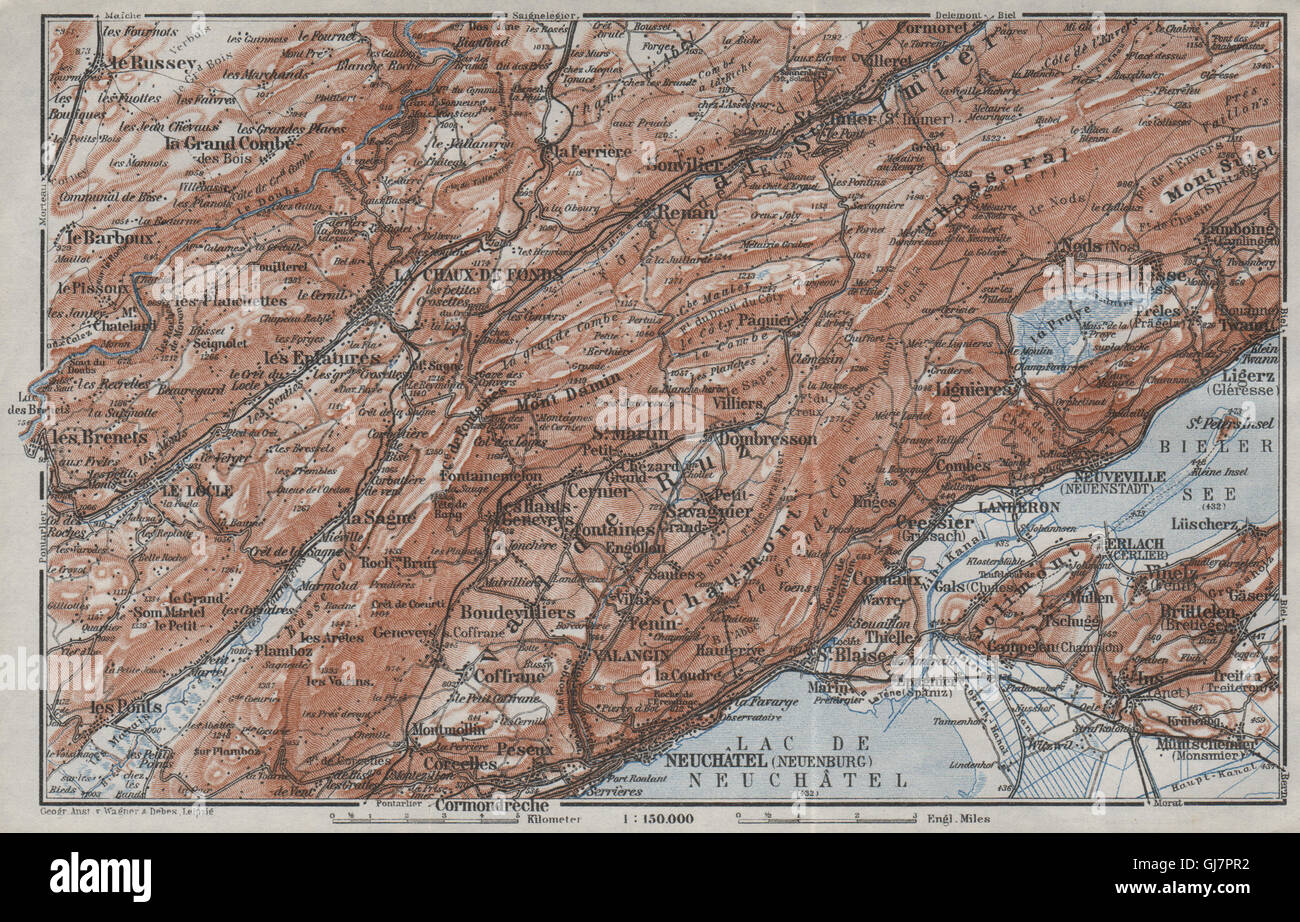 NORD-WEST-JURA. Neuveville Neuchâtel La Chaux de Fonds. Topo-Karte, 1928 Stockfoto