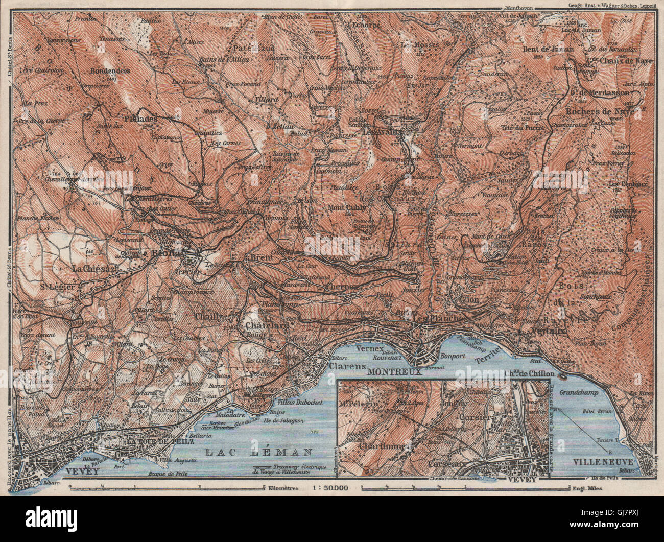 MONTREUX-BEREICH. Vevey Villneuve. Topo-Karte. Schweiz-Suisse-Schweiz, 1928 Stockfoto