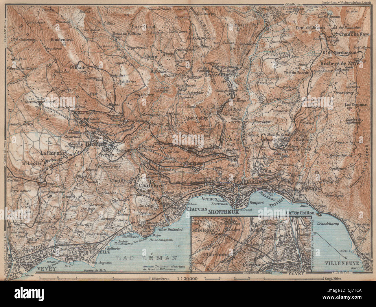 MONTREUX-BEREICH. Vevey Villneuve. Topo-Karte. Schweiz-Suisse-Schweiz, 1938 Stockfoto