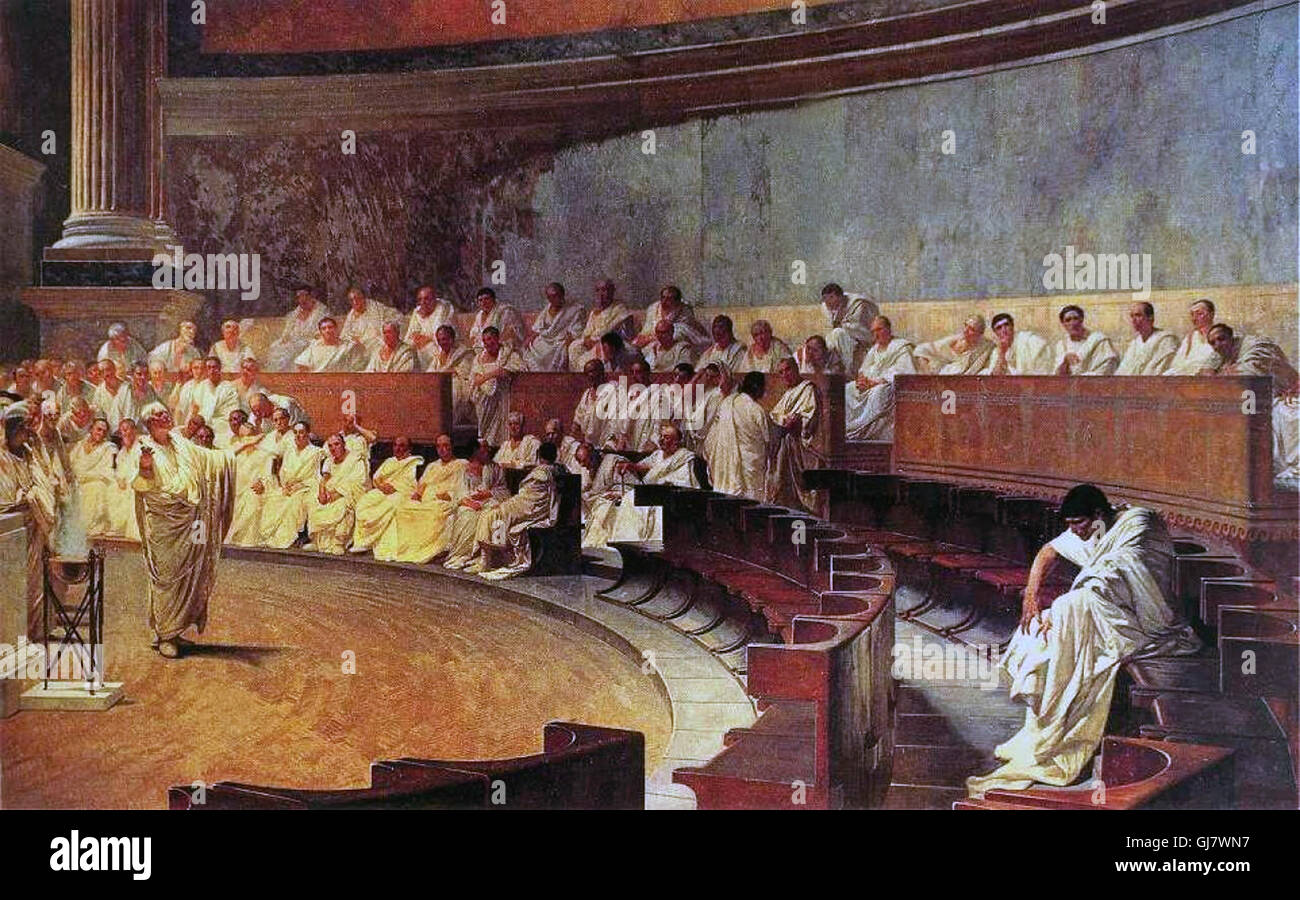 Cicero prangert Catilina, Fresko von Cesare Maccari, 1882 – 88. Marcus Tullius Cicero war eine römische Philosoph, Politiker, Rechtsanwalt, Redner, politischer Theoretiker, Konsul und Verfassungsrechtler. Er stammte aus einer wohlhabenden städtischen des römischen Ritterordens und war einer der größten Redner Roms und Prosa Stylisten. Stockfoto