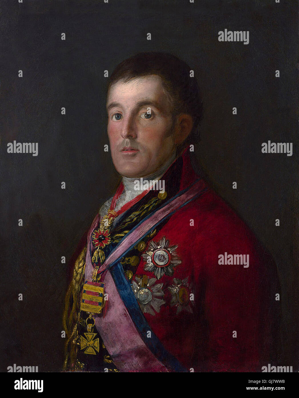 Feldmarschall Arthur Wellesley 1. Duke of Wellington tragen Feldmarschall-uniform. Porträt von Francisco Goya, 1812 – 14.  Feldmarschall Arthur Wellesley, 1. Duke of Wellington (1. Mai 1769 – 14. September 1852) war ein Anglo-Irischer Soldat und Staatsmann und einer der militärischen und politischen Persönlichkeiten des 19. Jahrhunderts Großbritanniens. Stockfoto
