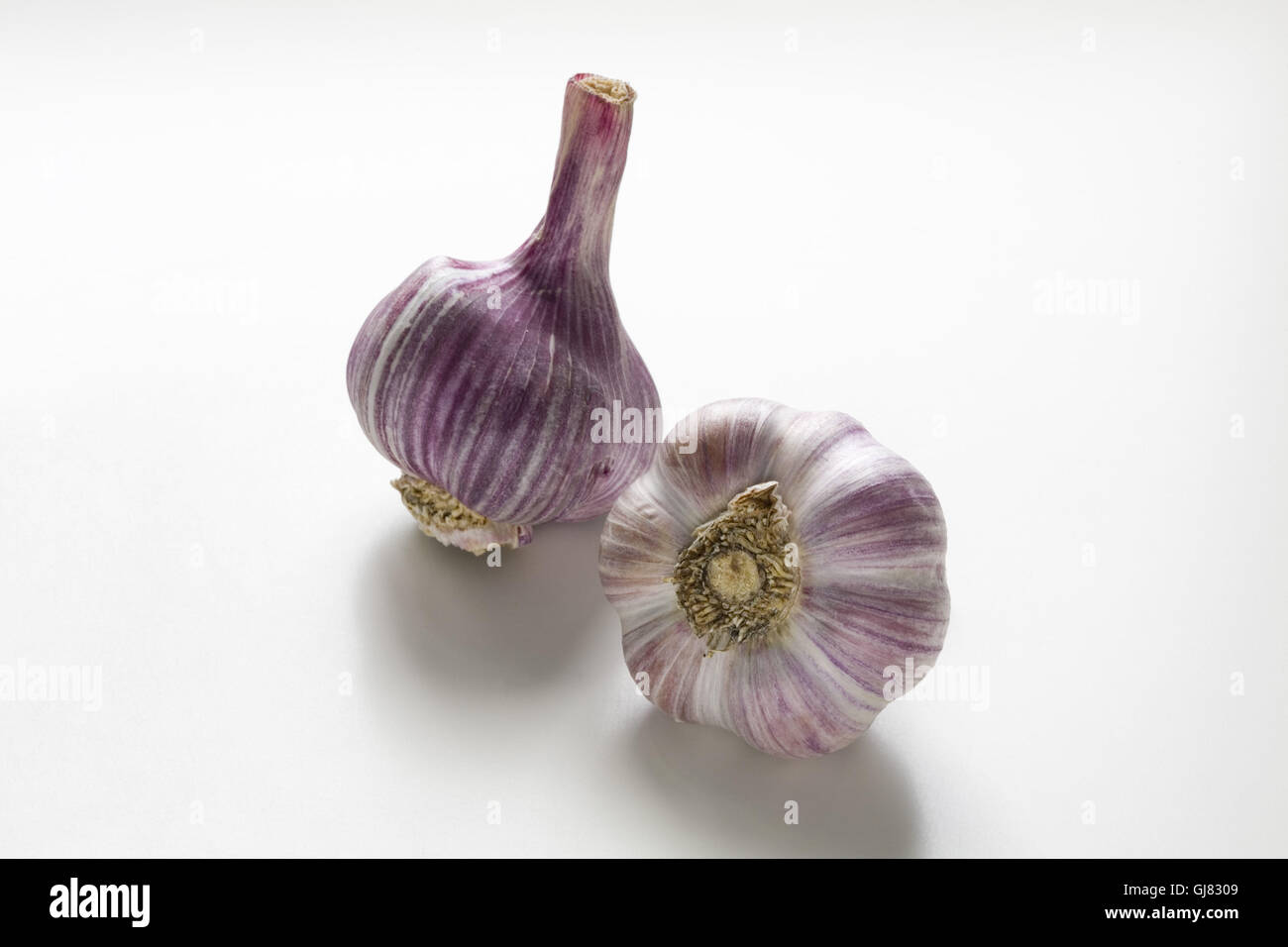 Zwei Knoblauchzehen auf weißem Grund Stockfoto